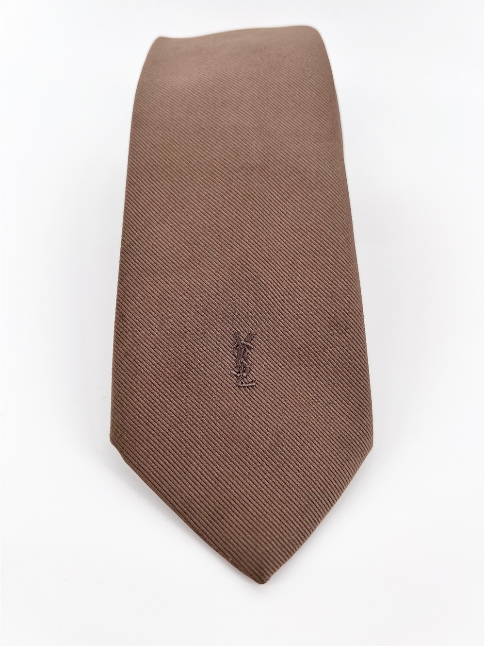 Yves Saint Laurent Necktie Brown Solid YSL Logo Silk Vintage Ivy Academia
